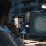 Pesquisador analisa dados em computador durante estudo científico sobre inteligência artificial, sem textos legíveis na tela