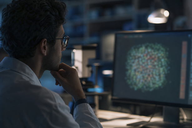 Pesquisador analisa dados em computador durante estudo científico sobre inteligência artificial, sem textos legíveis na tela
