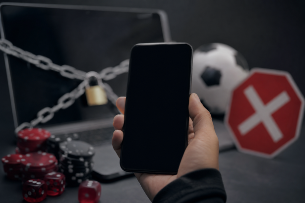 Pessoa usando celular diante de tela sem identificação visual em representação ao bloqueio de plataformas de apostas on-line