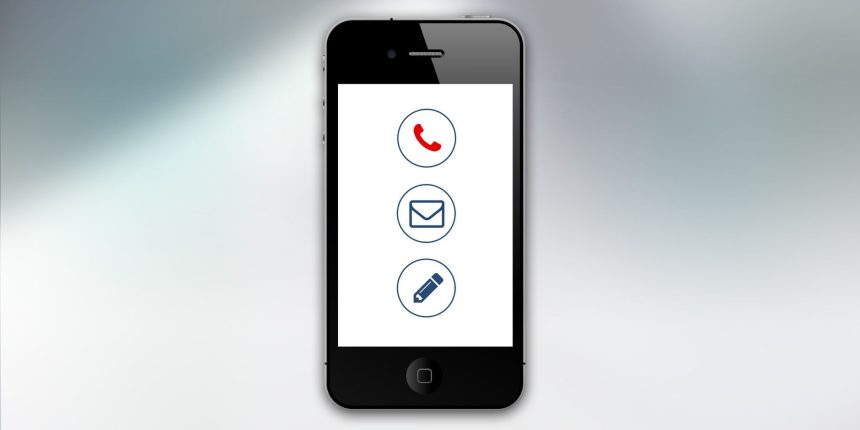 Smartphone exibindo ícones de chamada telefônica, e-mail e mensagens sobre fundo claro